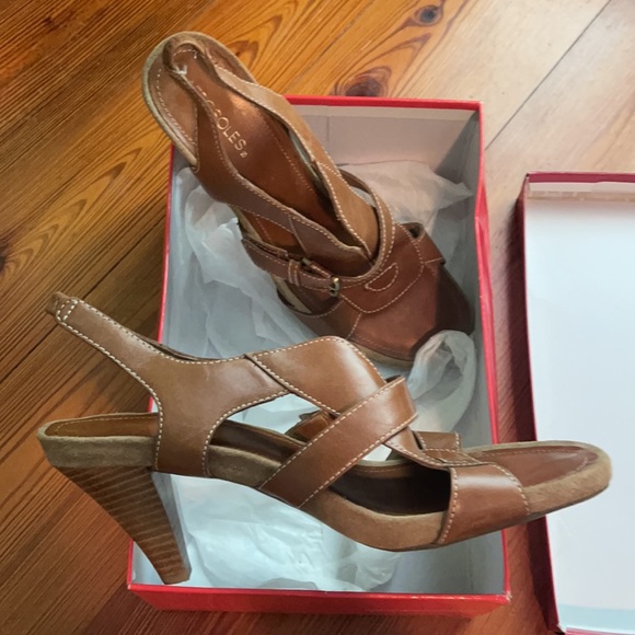 Women’s Dark Tan Leather Wooden Heeled Sandals - Picture 3 of 11